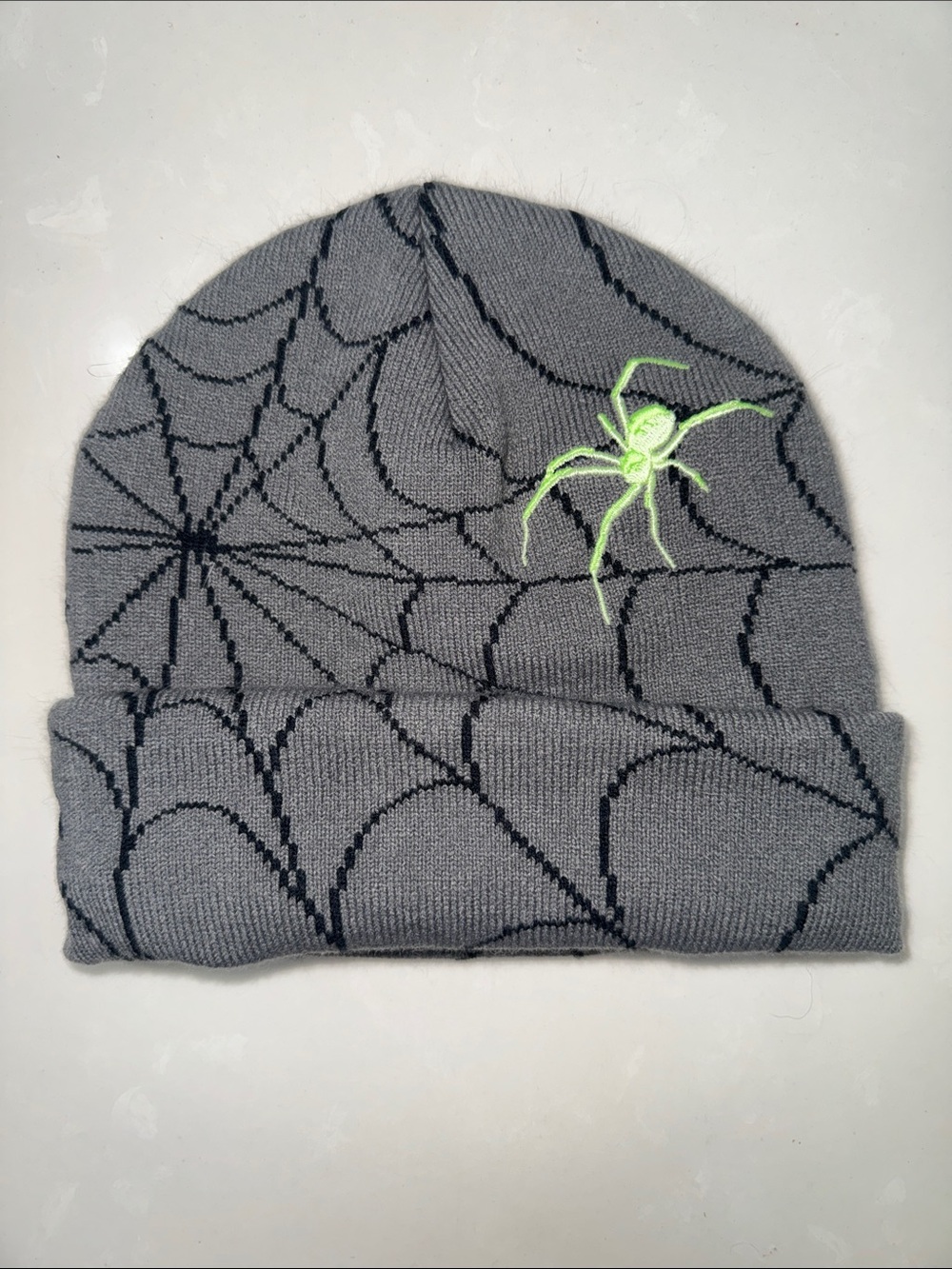 Abercrombie Kids Gray Beanie with Neon Green Spider